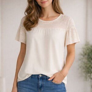 LOFT Ivory Textured Short Sleeve Blouse